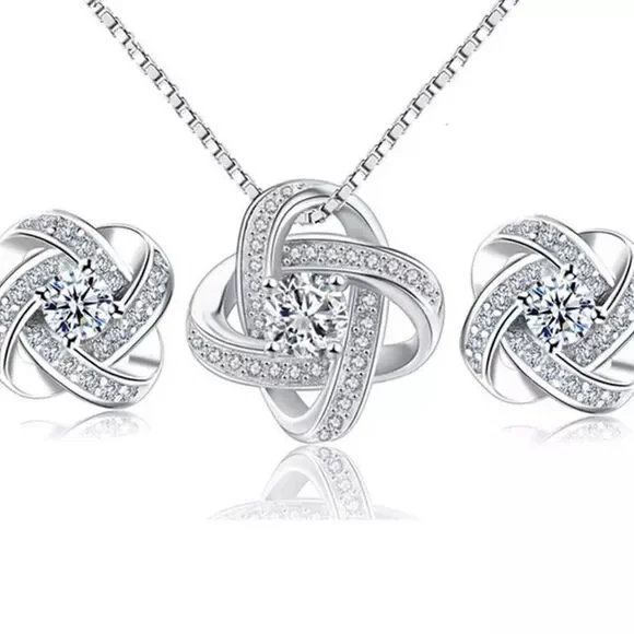💎0122💎 STERLING SILVER FOREVER LOVE DIAMOND FLOWER KNOT NECKLACE & EARRING SET - Picture 5 of 8